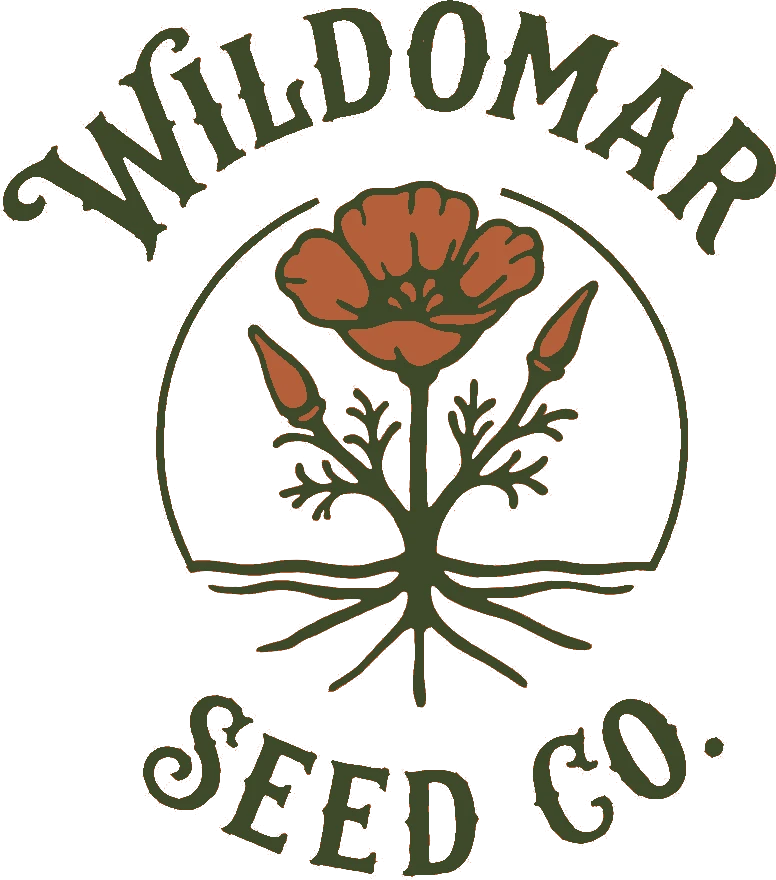 Wildomar Seed Co. logo: a California poppy with roots inside a sun arc